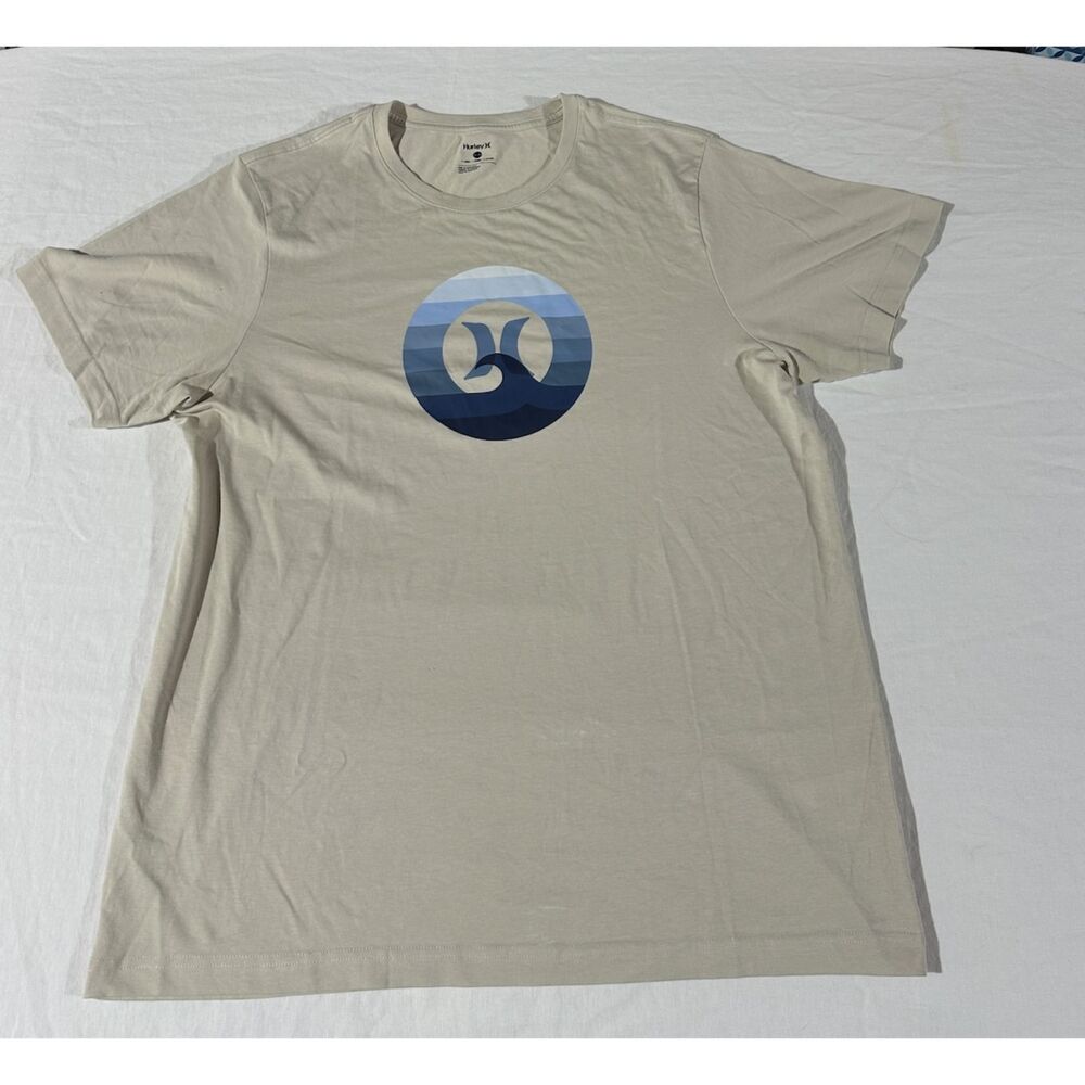 Hurley Mens XL Sand Beige Tee Blue Gradient Wave Logo Surf Graphic T Shirt